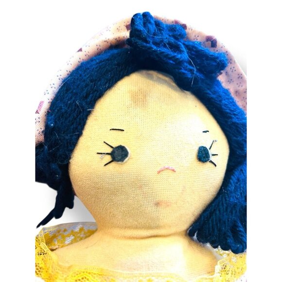 Vintage Handmade Rag Doll by Colon Sisters Yellow Dress Blue Yarn Hair 12 in - Picture 5 of 11